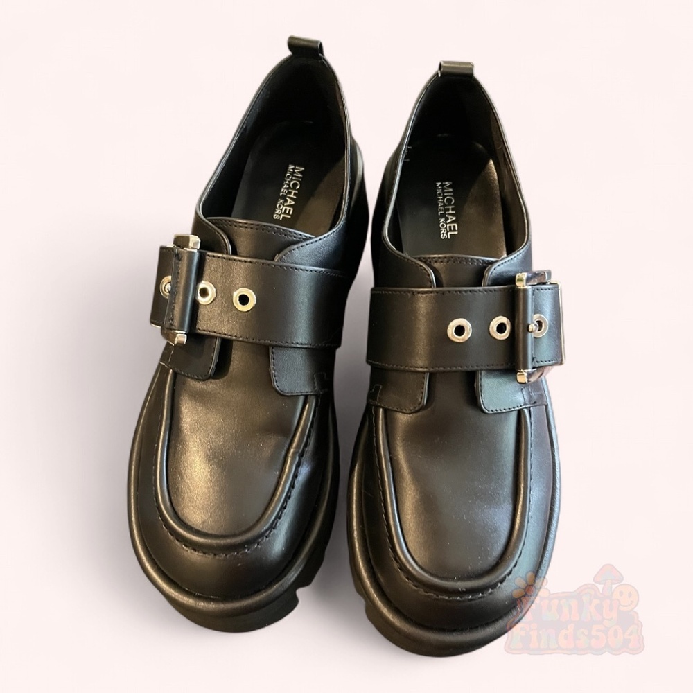 NWT Michael Kors Colby Leather Platform Black Chic Edgy Retro Loafers Size 8.5 - Picture 10 of 11